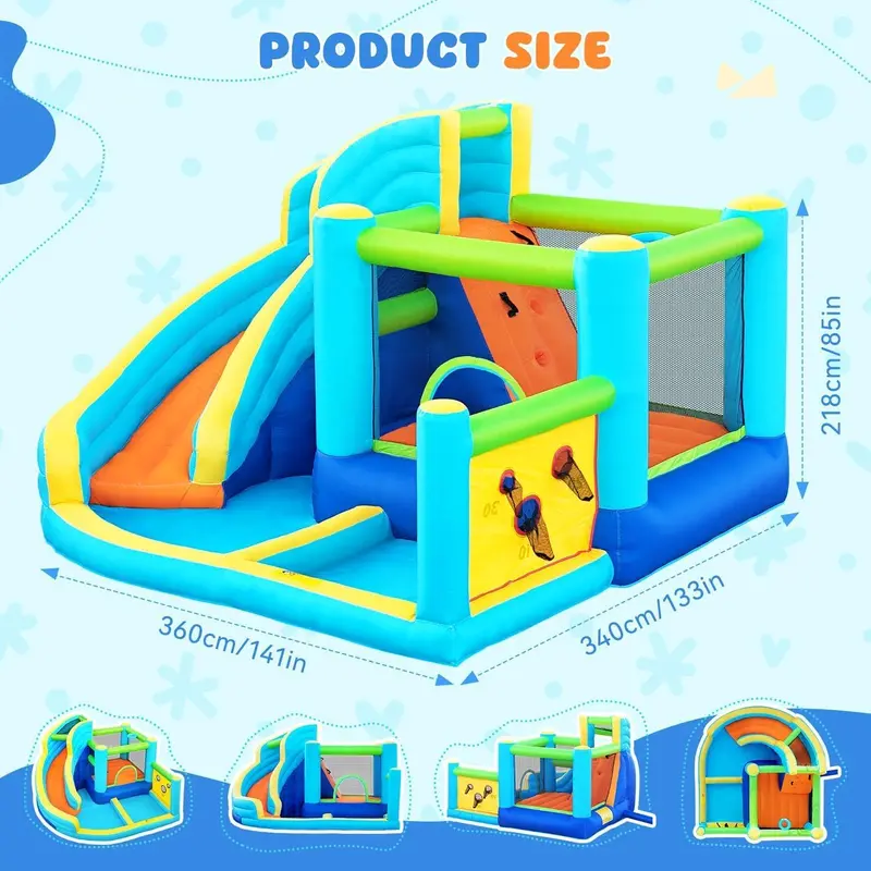Inflatable Outdoor Play Center with Water Slide, Climbing Wall, Splash Pool, Ball Shooter, and Built-In 450W Blower