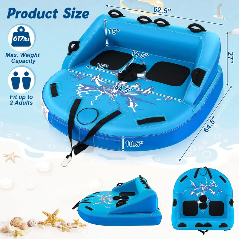 Inflatable Towable Sofa Tube – 1–2 Rider Water Sport Pull Toy with Quick-Drain Vents