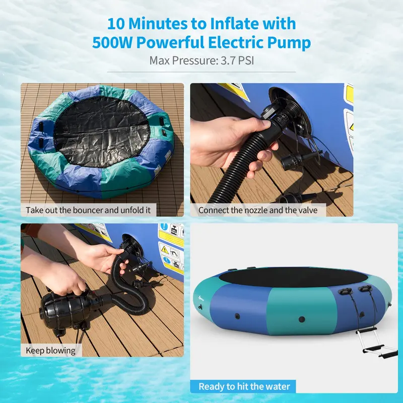 Inflatable Water Trampoline – 10FT, 12FT, or 15FT Bounce Platform with Electric Air Pump and Safety Rope Ladder