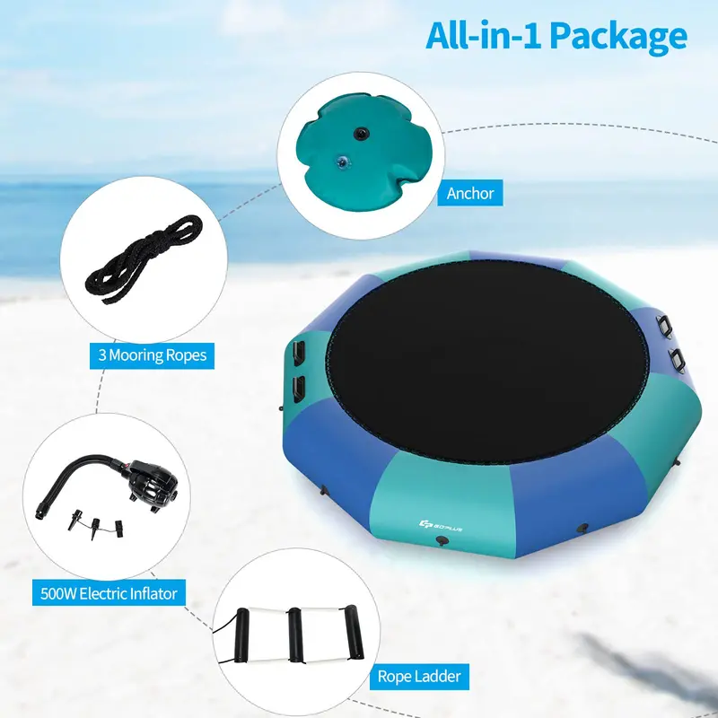 Inflatable Water Trampoline – 10FT, 12FT, or 15FT Bounce Platform with Electric Air Pump and Safety Rope Ladder