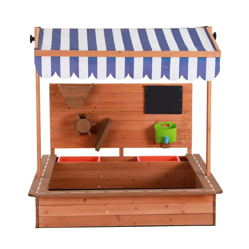 Keezi Wooden Sandpit with Adjustable Canopy & Play Accessories – Kid-Safe Outdoor Activity Center