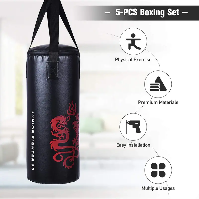 Kids’ Kickboxing Training Set – Includes Pre-Filled Punching Bag and Matching Protective Gloves