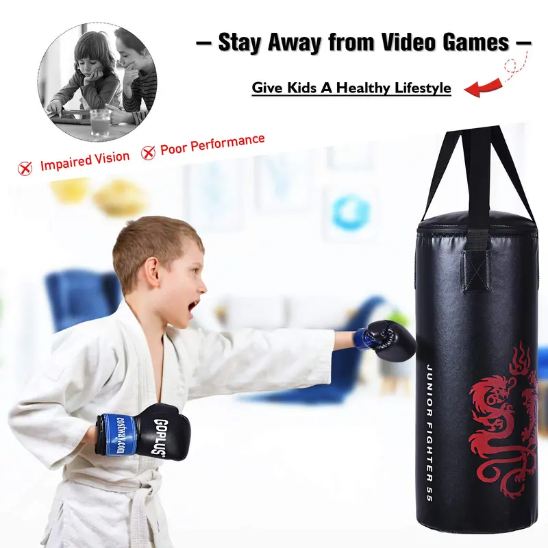Kids’ Kickboxing Training Set – Includes Pre-Filled Punching Bag and Matching Protective Gloves