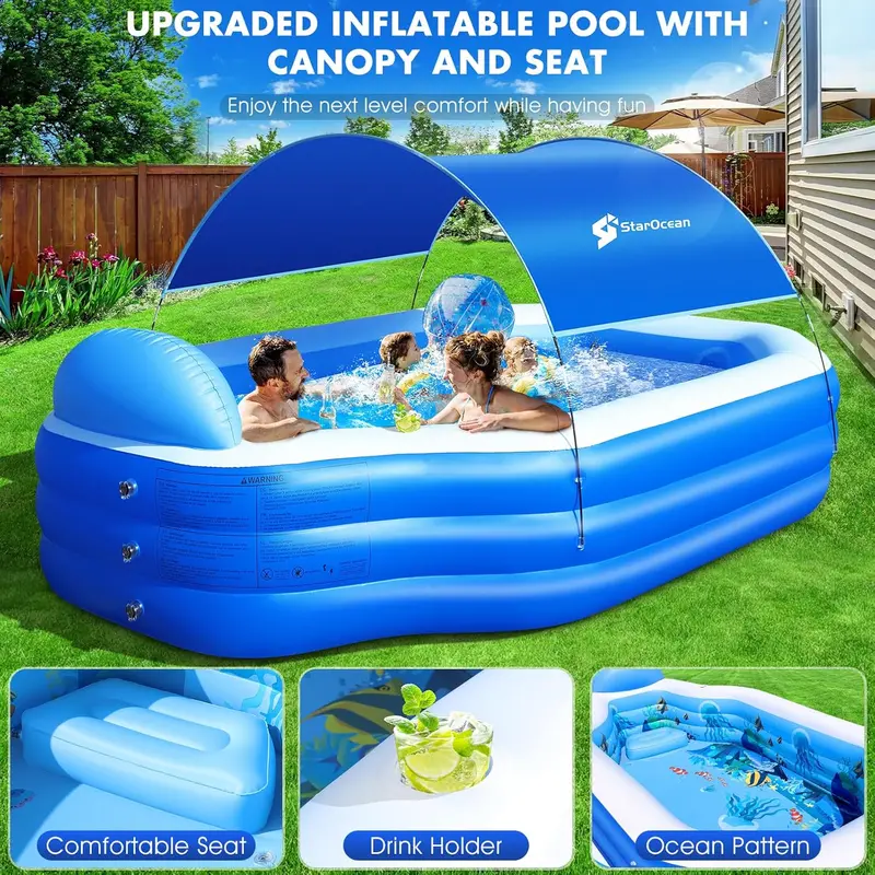 Large Canopy Inflatable Family Pool – Blow-Up Swimming Pool with Integrated Seats and Ergonomic Backrests (118" × 75" × 22", Deep Blue)