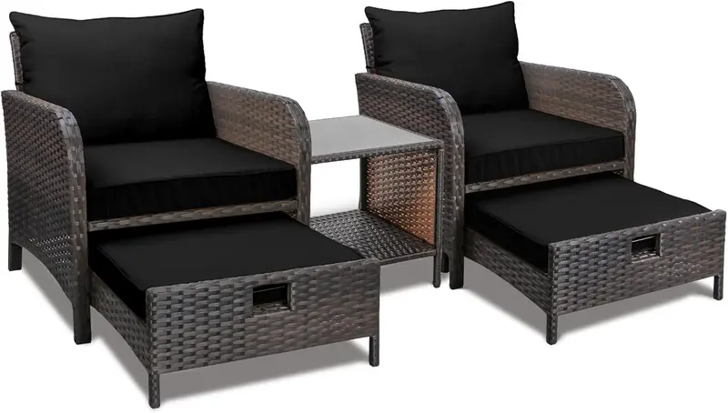 LEVELEVE Brown PE Wicker 5-Piece Outdoor Conversation Set with Padded Seating, Matching Ottomans, and Tempered Glass Center Table