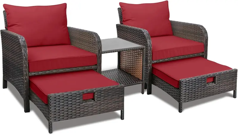 LEVELEVE Brown PE Wicker 5-Piece Outdoor Conversation Set with Padded Seating, Matching Ottomans, and Tempered Glass Center Table