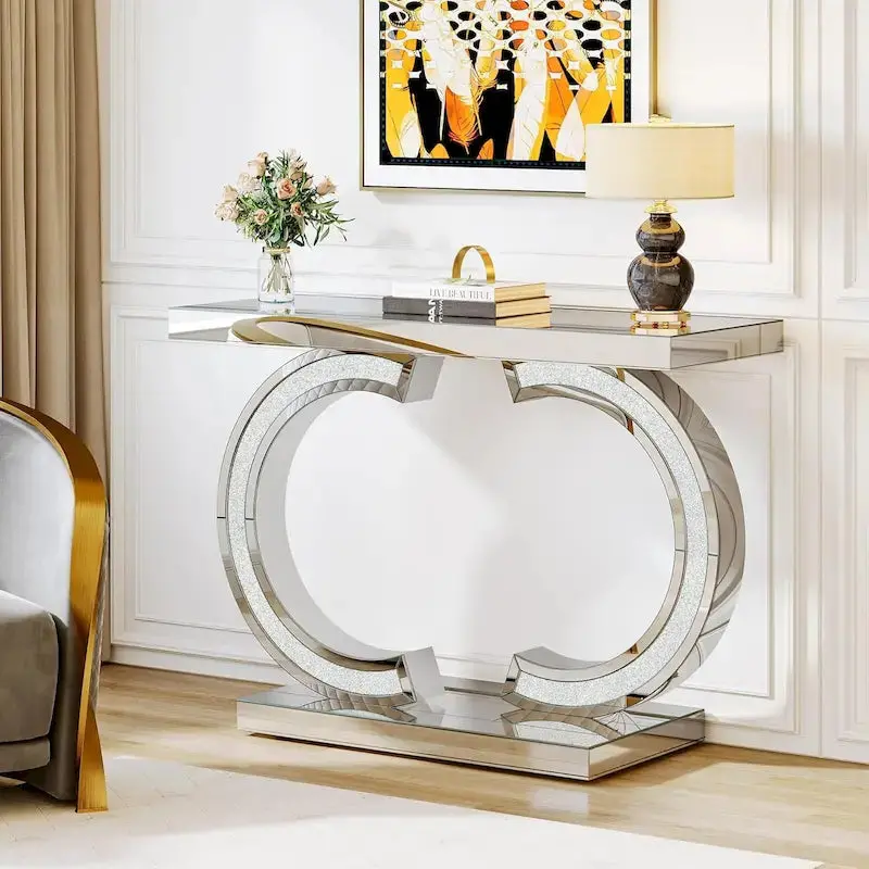 Mirrored Silver Hall Console Table – 39" Slim Entryway Piece with Reflective Surface and Shelf Storage 2
