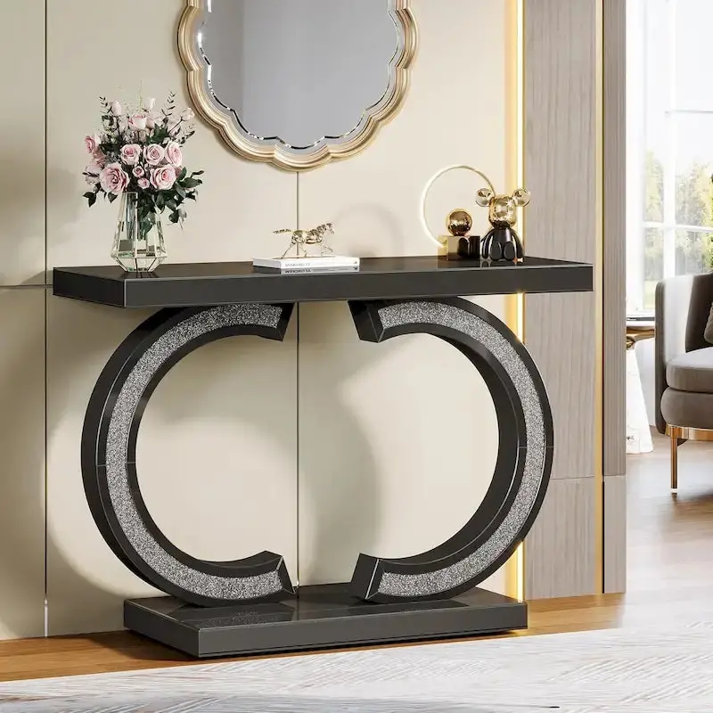 Mirrored Silver Hall Console Table – 39" Slim Entryway Piece with Reflective Surface and Shelf Storage