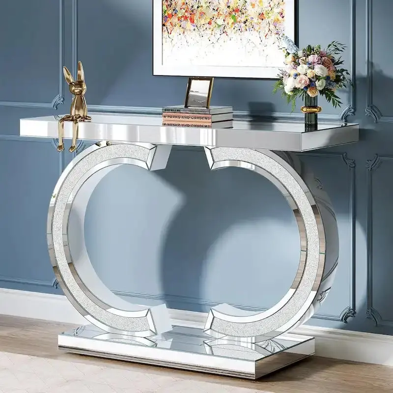 Mirrored Silver Hall Console Table – 39" Slim Entryway Piece with Reflective Surface and Shelf Storage