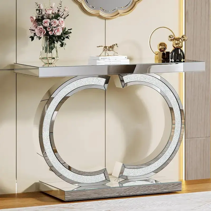 Mirrored Silver Hall Console Table – 39" Slim Entryway Piece with Reflective Surface and Shelf Storage