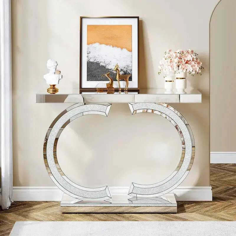 Mirrored Silver Hall Console Table – 39" Slim Entryway Piece with Reflective Surface and Shelf Storage