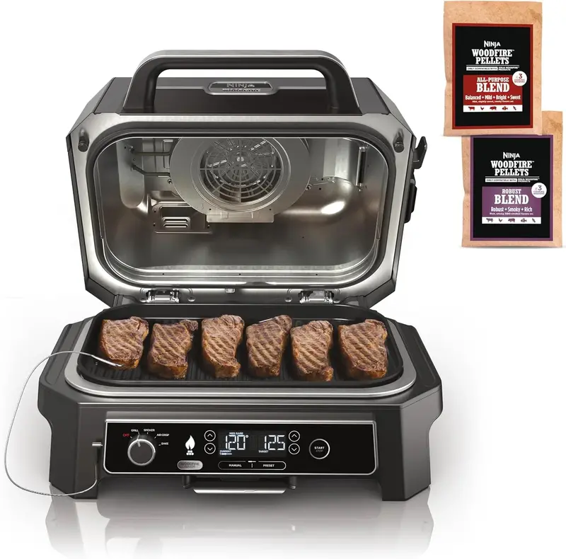 Ninja Woodfire Pro XL Outdoor Grill OG850 – 4-in-1 Electric Grill, Smoker, Air Fryer & Baking Oven with Built-In Thermometer, Dark Grey Finish