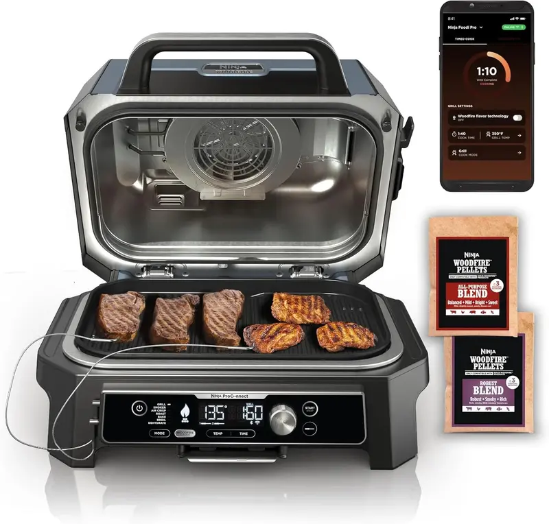 Ninja Woodfire Pro XL Outdoor Grill OG850 – 4-in-1 Electric Grill, Smoker, Air Fryer & Baking Oven with Built-In Thermometer, Dark Grey Finish