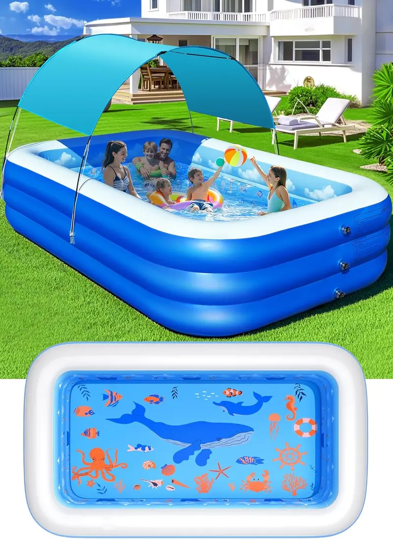 Ocean-Inspired Inflatable Family Pool with Sunshade Canopy – Extra-Large Backyard Splash Pool (105" x 75" x 25"), Reinforced Walls, Vibrant Blue Finish