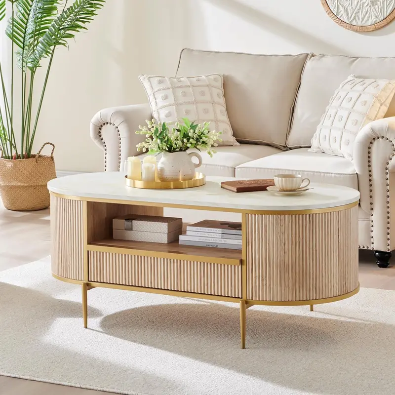 OKD Oval Imitation Marble Coffee Table – 48-Inch Grooved Surface with Gold-Trimmed Drawers 2