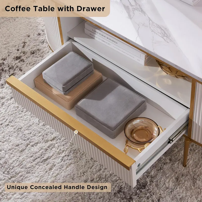 OKD Oval Imitation Marble Coffee Table – 48-Inch Grooved Surface with Gold-Trimmed Drawers