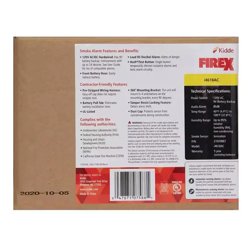 Pack Hardwired Smoke Detector – Ionization Sensor with 120V AC Power and 9V Battery Backup