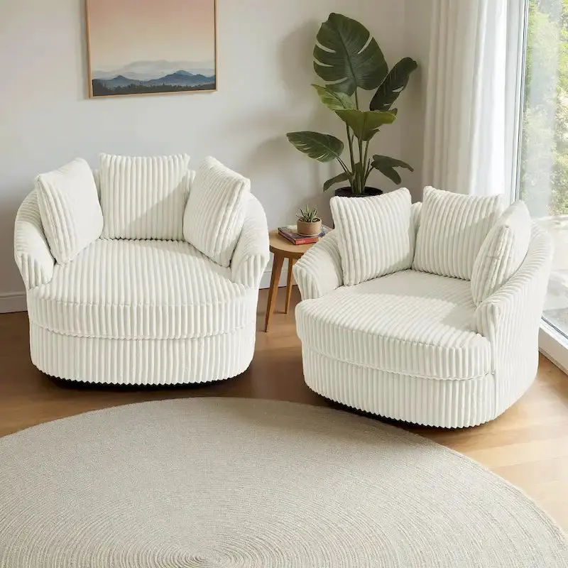 Pair of Oversized Corduroy Swivel Barrel Chairs (43" Wide) with Coordinating Throw Pillows