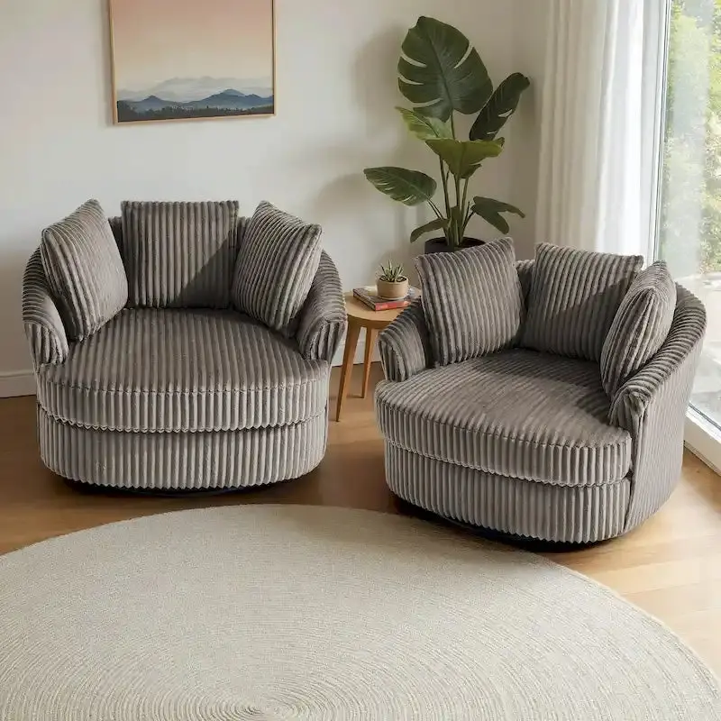 Pair of Oversized Corduroy Swivel Barrel Chairs (43" Wide) with Coordinating Throw Pillows 2