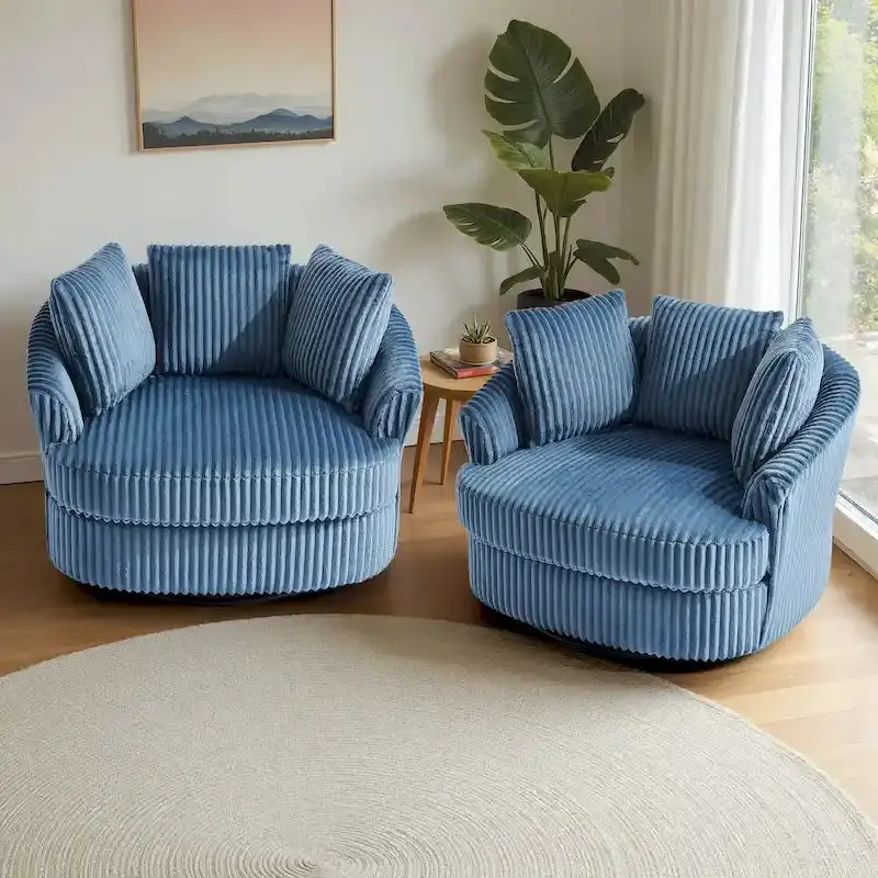 Pair of Oversized Corduroy Swivel Barrel Chairs (43" Wide) with Coordinating Throw Pillows