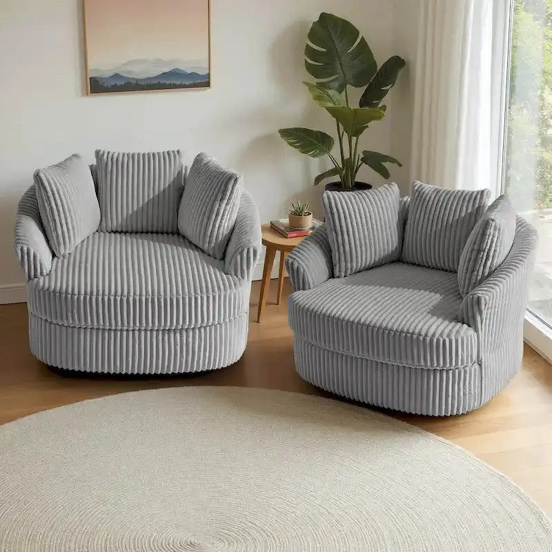 Pair of Oversized Corduroy Swivel Barrel Chairs (43" Wide) with Coordinating Throw Pillows