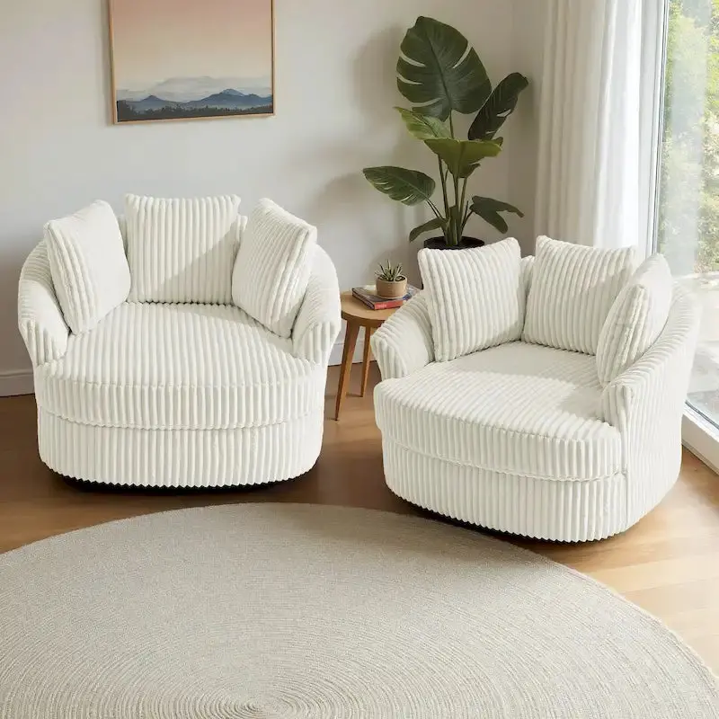 Pair of Oversized Corduroy Swivel Barrel Chairs (43" Wide) with Coordinating Throw Pillows