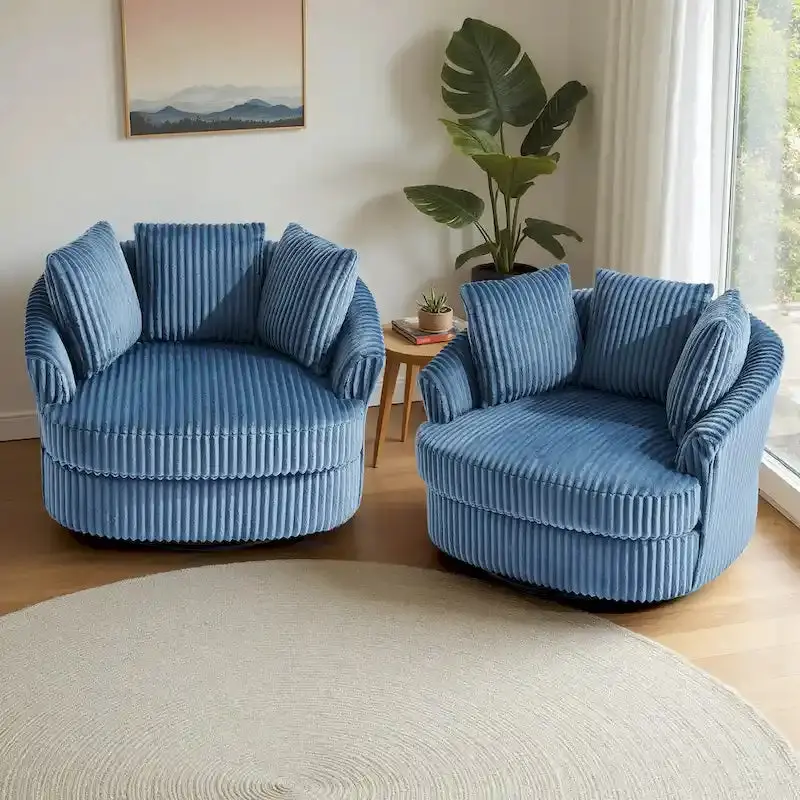 Pair of Oversized Corduroy Swivel Barrel Chairs (43" Wide) with Coordinating Throw Pillows