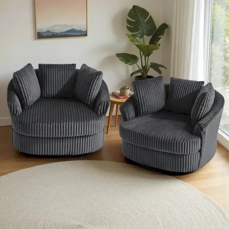 Pair of Oversized Corduroy Swivel Barrel Chairs (43" Wide) with Coordinating Throw Pillows