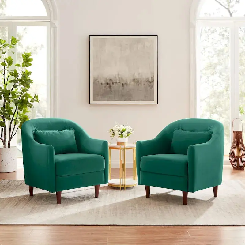 Pair of Velvet Barrel Accent Chairs — Elegant Solid Wood Legs and Tailored Upholstery 2