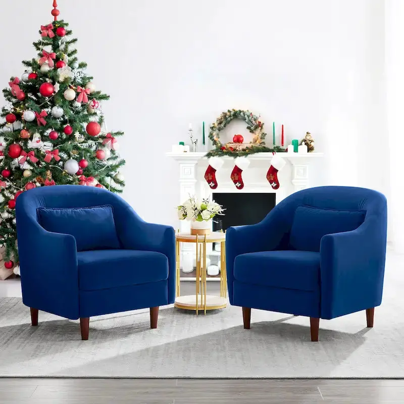 Pair of Velvet Barrel Accent Chairs — Elegant Solid Wood Legs and Tailored Upholstery