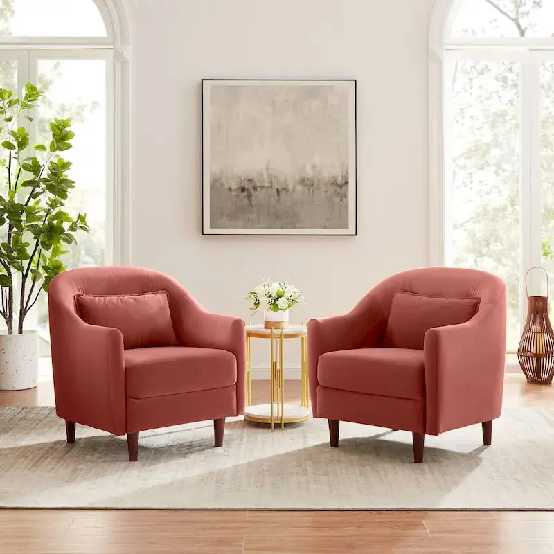 Pair of Velvet Barrel Accent Chairs — Elegant Solid Wood Legs and Tailored Upholstery