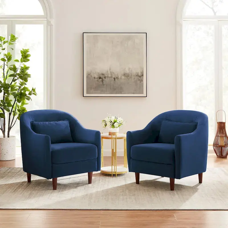 Pair of Velvet Barrel Accent Chairs — Elegant Solid Wood Legs and Tailored Upholstery