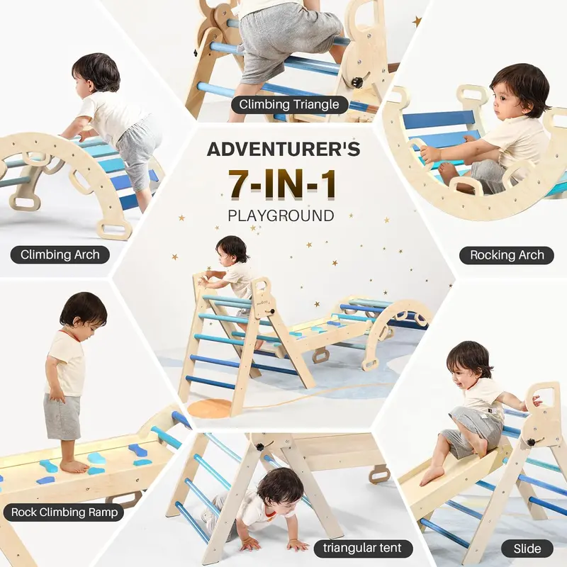 Pikler Triangle 7-in-1 Montessori Climbing Gym — Foldable Wooden Set with Rainbow Finish, Ramp, Arch, and Ladder