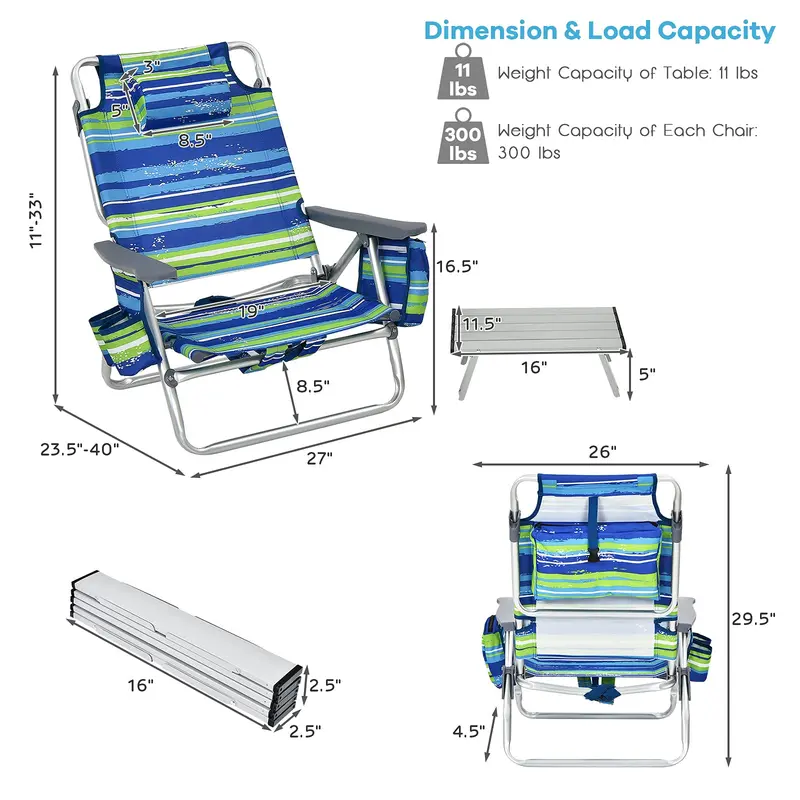 Portable 3-Piece Beach Chair Set with Integrated Cooler Bag and Dual Cup Holders