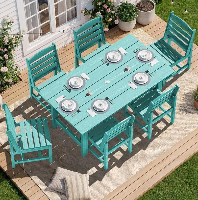SERWALL Blue HDPE 7-Piece Outdoor Dining Set: Weatherproof Patio Table with Umbrella Hole + Six Stackable Chairs