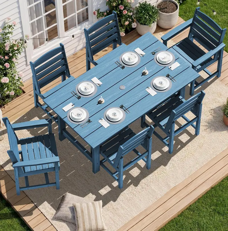 SERWALL Blue HDPE 7-Piece Outdoor Dining Set: Weatherproof Patio Table with Umbrella Hole + Six Stackable Chairs