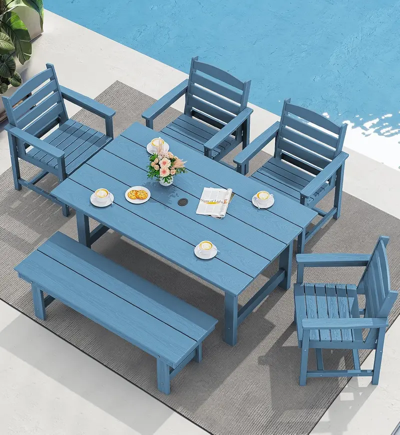 SERWALL Blue HDPE 7-Piece Outdoor Dining Set: Weatherproof Patio Table with Umbrella Hole + Six Stackable Chairs