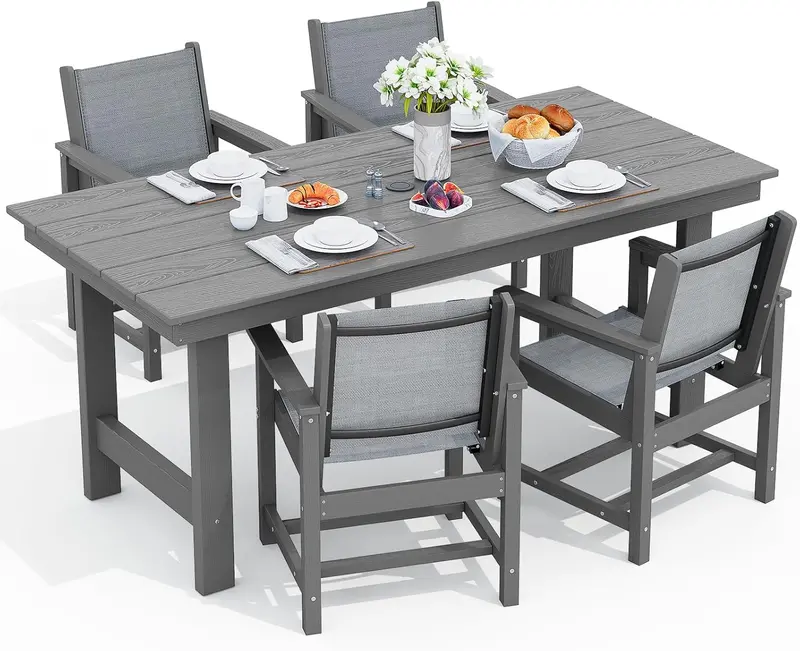 SERWALL Blue HDPE 7-Piece Outdoor Dining Set: Weatherproof Patio Table with Umbrella Hole + Six Stackable Chairs