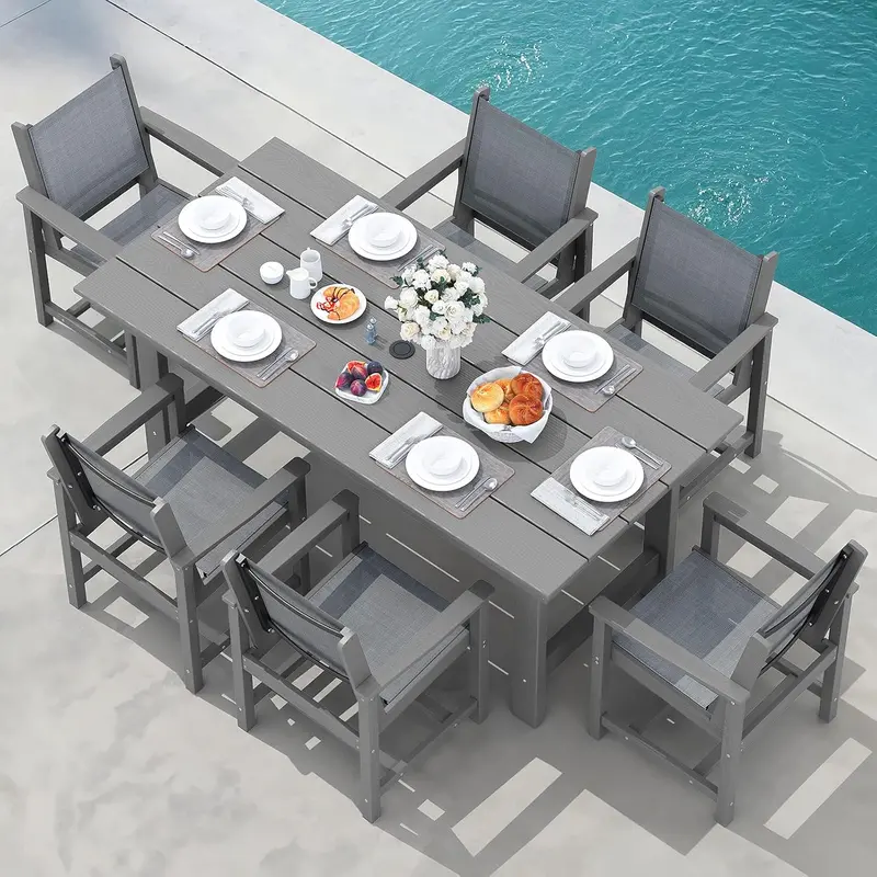 SERWALL Blue HDPE 7-Piece Outdoor Dining Set: Weatherproof Patio Table with Umbrella Hole + Six Stackable Chairs