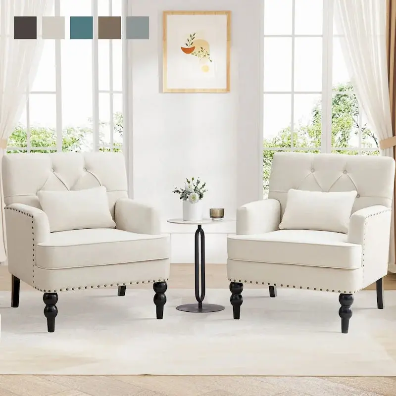 Set of 2 Swivel Accent Armchairs – Button-Tufted Upholstered Chairs with Lumbar Support Pillows