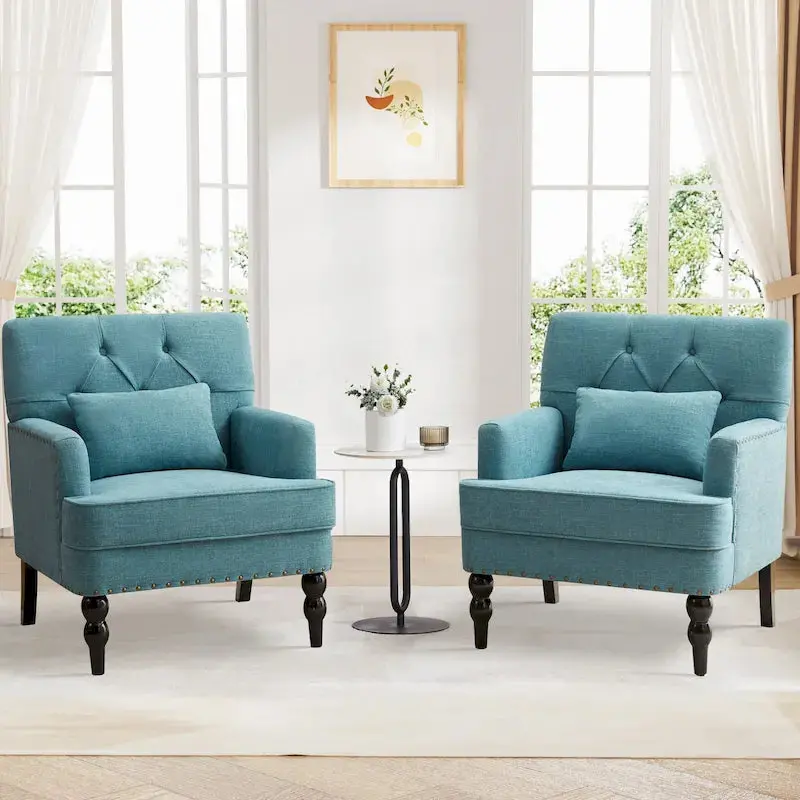 Set of 2 Swivel Accent Armchairs – Button-Tufted Upholstered Chairs with Lumbar Support Pillows
