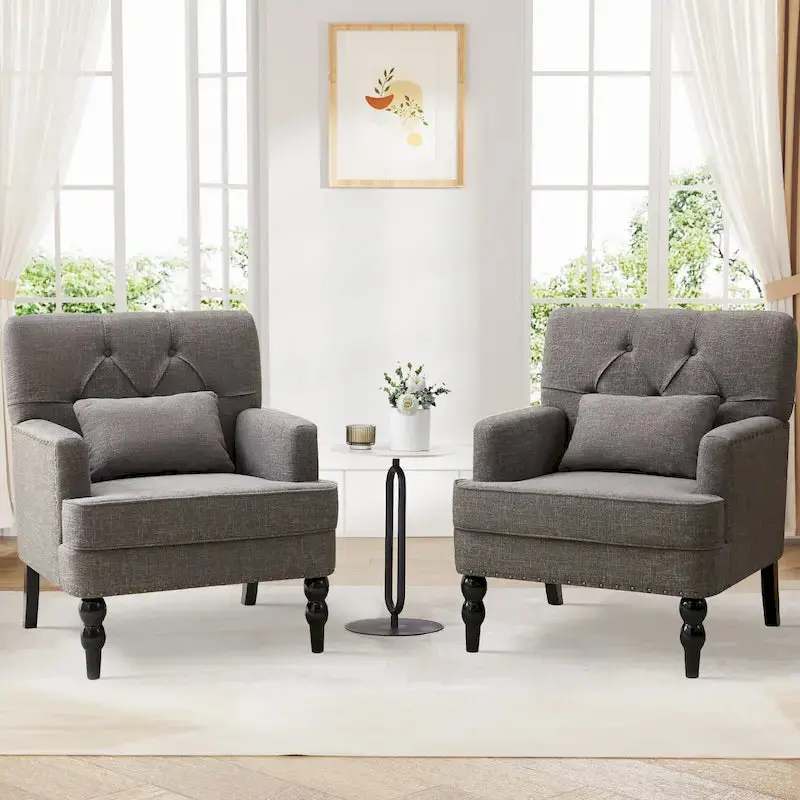 Set of 2 Swivel Accent Armchairs – Button-Tufted Upholstered Chairs with Lumbar Support Pillows 2