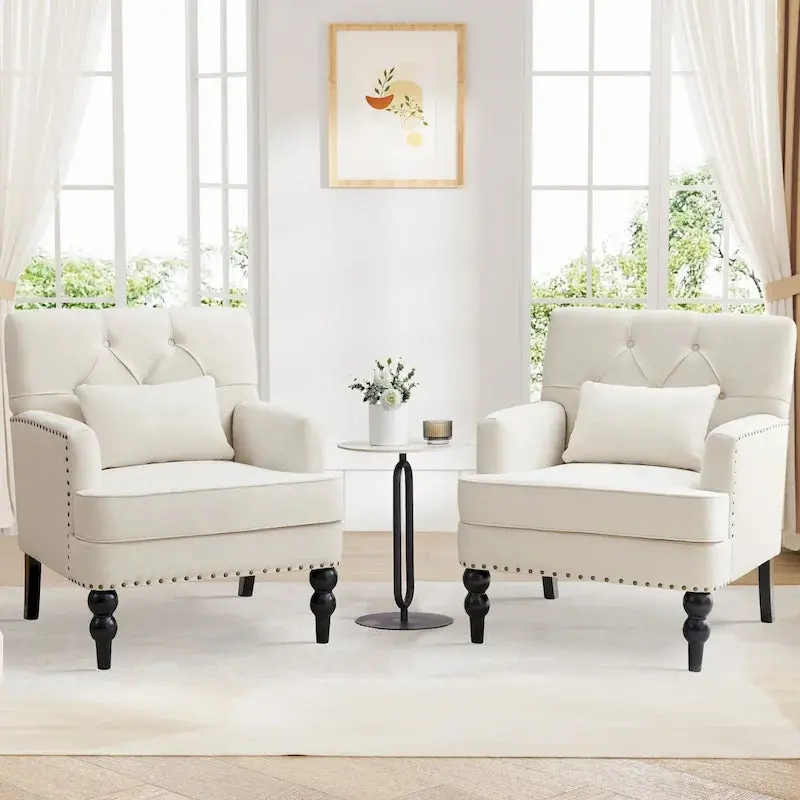 Set of 2 Swivel Accent Armchairs – Button-Tufted Upholstered Chairs with Lumbar Support Pillows