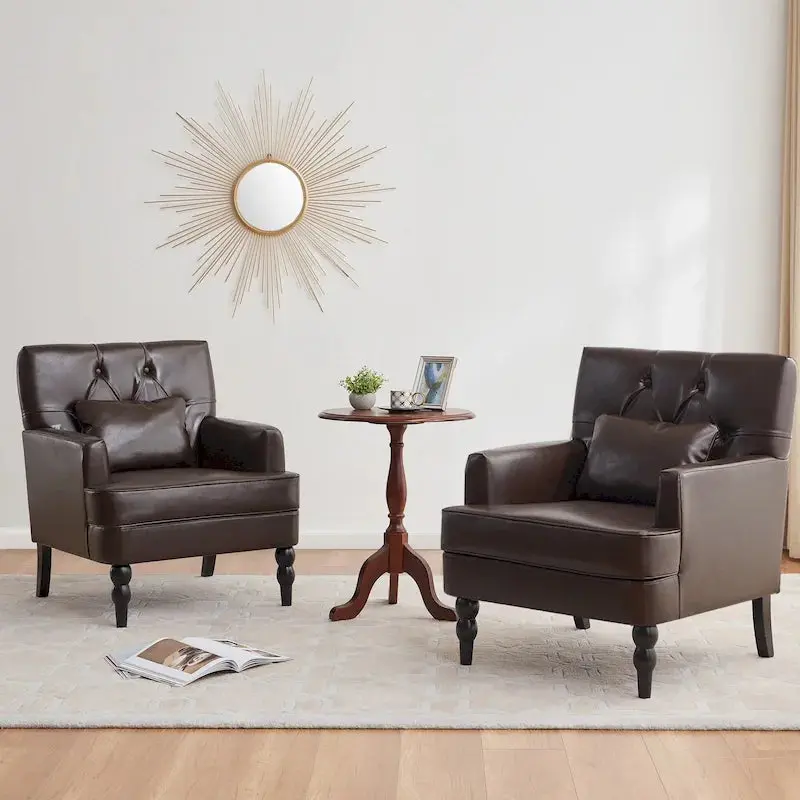 Set of 2 Swivel Accent Armchairs – Button-Tufted Upholstered Chairs with Lumbar Support Pillows