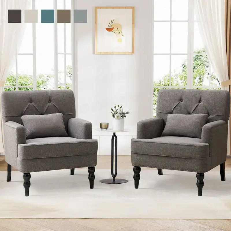 Set of 2 Swivel Accent Armchairs – Button-Tufted Upholstered Chairs with Lumbar Support Pillows