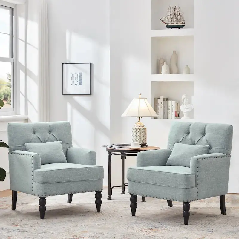 Set of 2 Swivel Accent Armchairs – Button-Tufted Upholstered Chairs with Lumbar Support Pillows