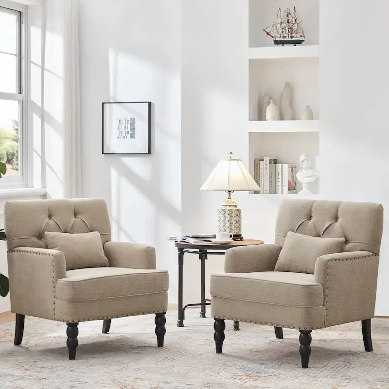Set of 2 Swivel Accent Armchairs – Button-Tufted Upholstered Chairs with Lumbar Support Pillows