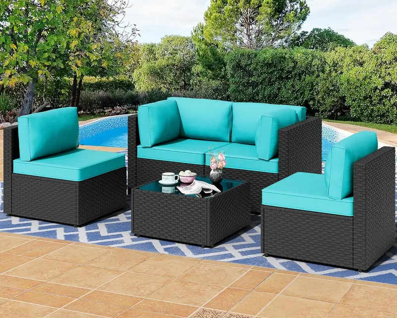 Shintenchi Aegean Blue PE Rattan 5-Piece Outdoor Sectional with Machine-Washable Cushions and Tempered Glass Table