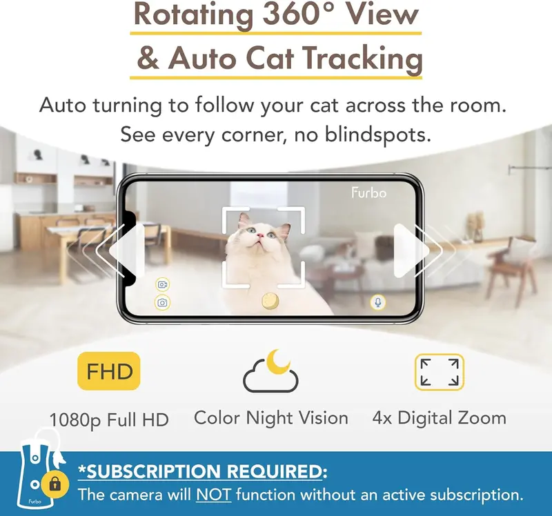 Smart 360° Pet Camera for Cats — Pan-Tilt Tracking, Treat Dispensing, HD Night Vision, and Two-Way Audio
