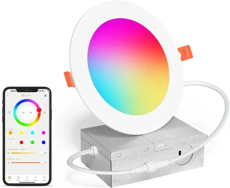Smart 4-Inch RGBCW Canless LED Downlight – 12W Tunable Color, Built-in Junction Box & Dimmable Control